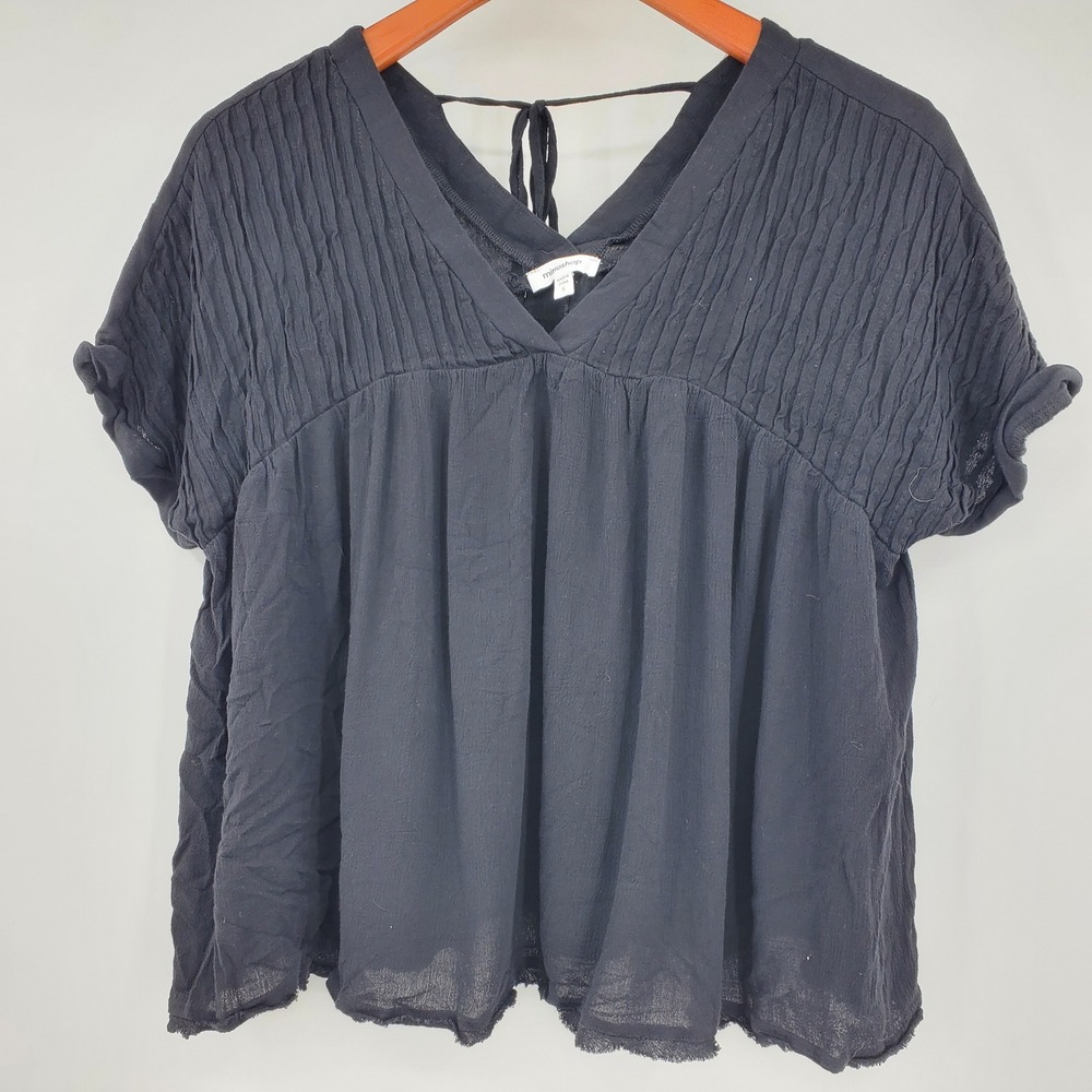 Mittoshop Black Crinkled Yoke Babydoll Blouse Short Sleeve Tie Back S Peasant